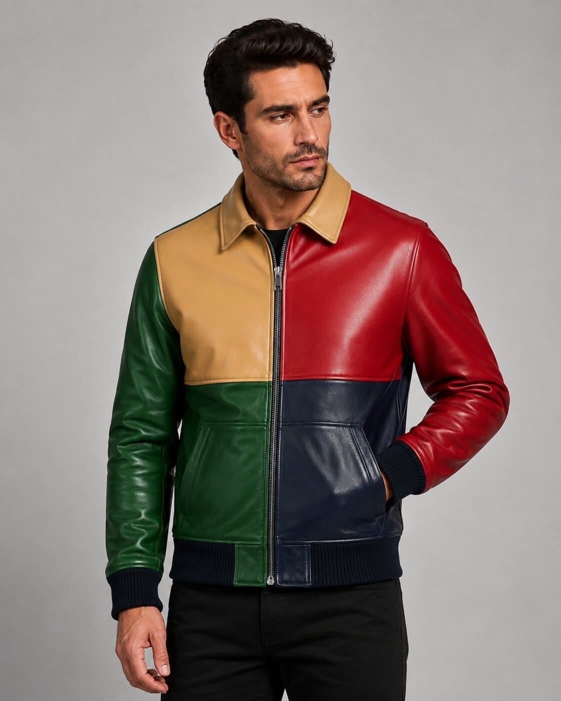Men Multicolor Genuine Goat Leather Bomber Jacket With Colorblock Patchwork Style
