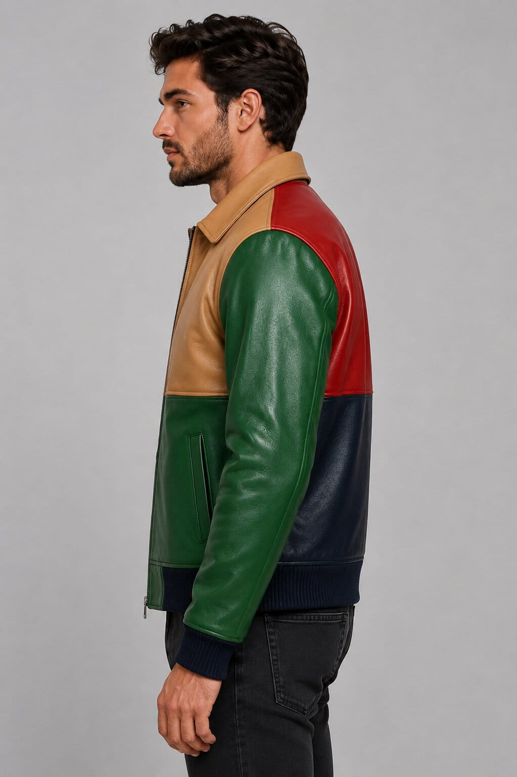 Men Multicolor Genuine Goat Leather Bomber Jacket With Colorblock Patchwork Style