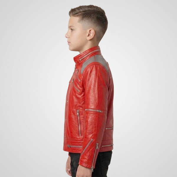Handmade Boys Red Leather Jacket | Vintage 80s Biker Style