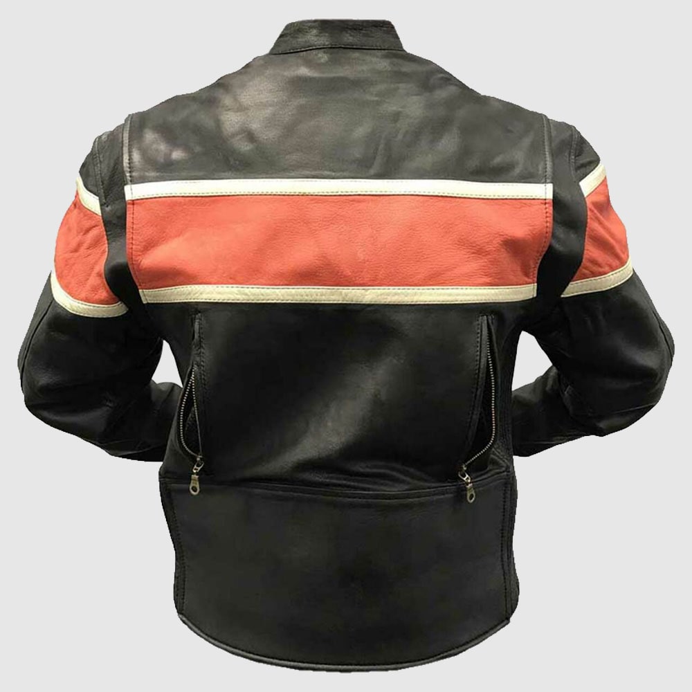 Redline Men’s Orange Stripe Cowhide Leather Motorcycle Jacket, Black M-3200