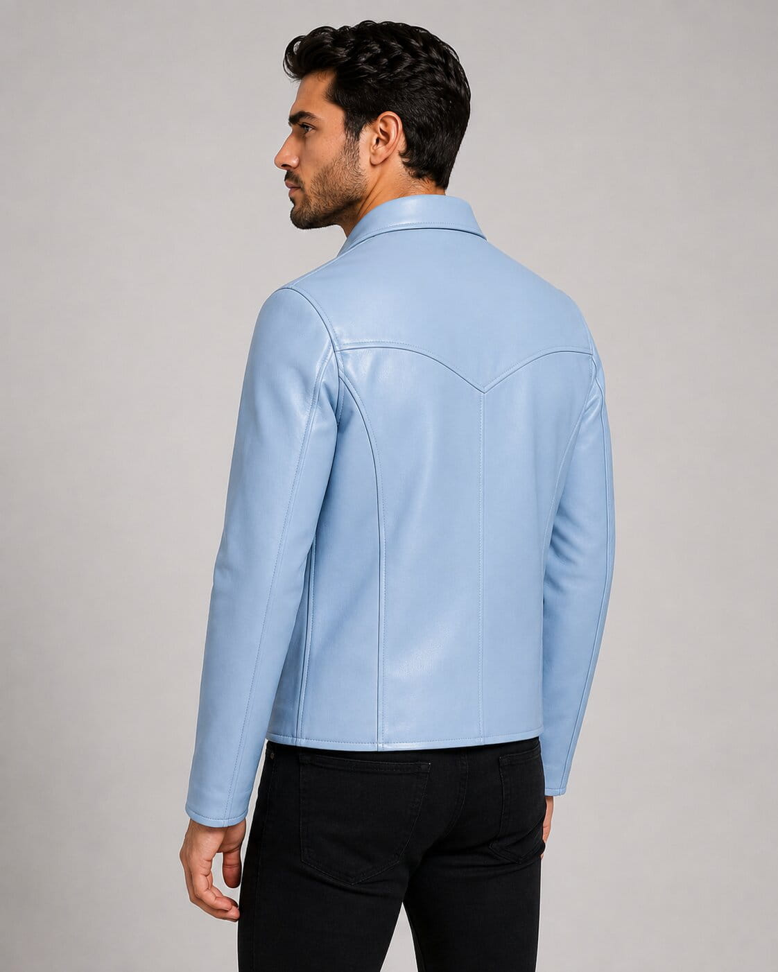 Men Light Blue Genuine Leather Moto Jacket With Four Pocket Vintage Style