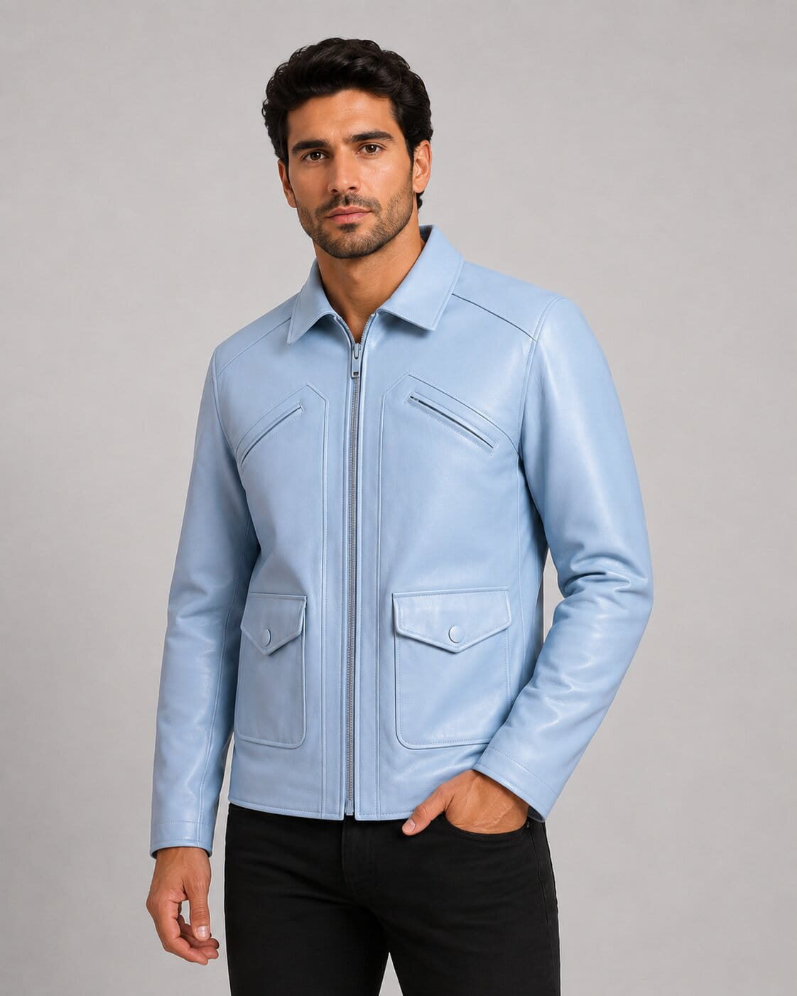 Men Light Blue Genuine Leather Moto Jacket With Four Pocket Vintage Style