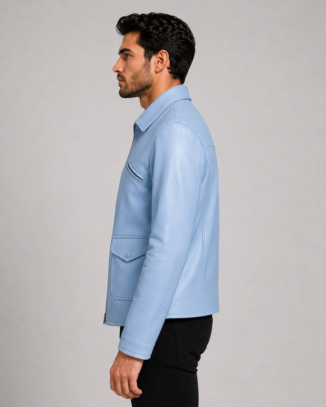 Men Light Blue Genuine Leather Moto Jacket With Four Pocket Vintage Style
