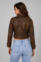 Women Brown Genuine Leather Cropped Biker Jacket With Vintage Distressed Finish