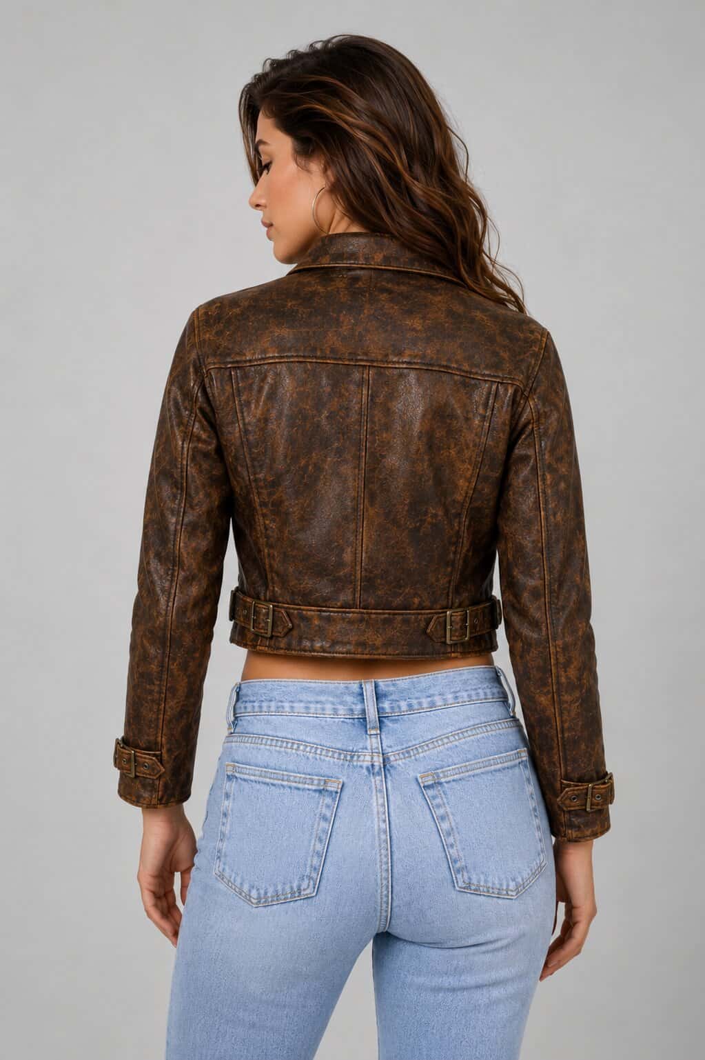 Women Brown Genuine Leather Cropped Biker Jacket With Vintage Distressed Finish