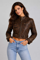 Women Brown Genuine Leather Cropped Biker Jacket With Vintage Distressed Finish