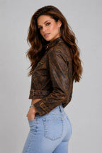 Women Brown Genuine Leather Cropped Biker Jacket With Vintage Distressed Finish