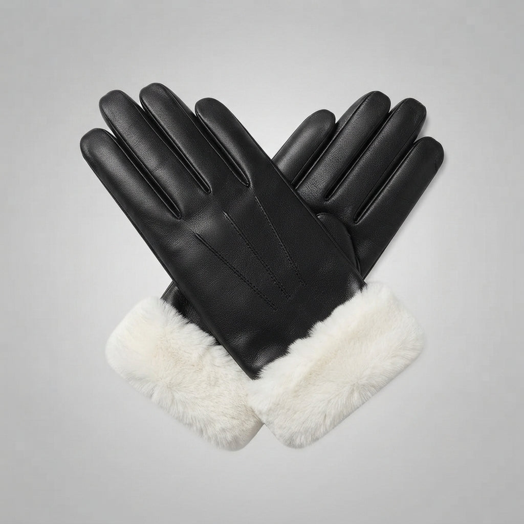 Men's Black Lambskin Leather Gloves with White Fur - Leather Outlet