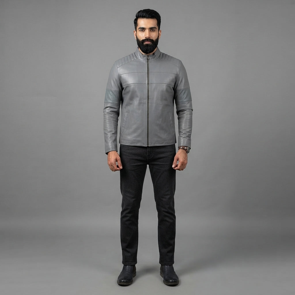 Men's Shiny Grey Biker Leather Jacket - Leather Outlet
