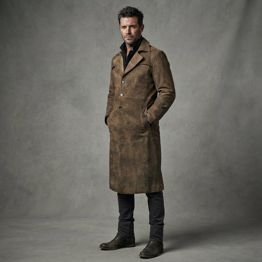 Men's Army Brown Leather Duster Coat - Leather Outlet