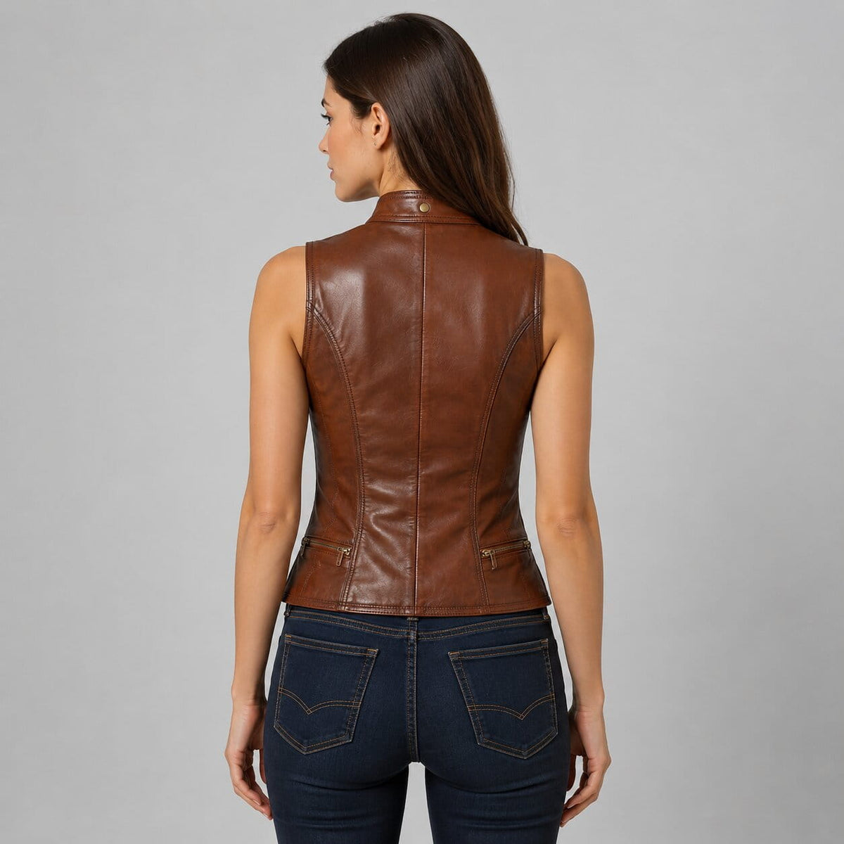 Women Brown Genuine Leather Biker Vest With Custom Fit Motorcycle Style