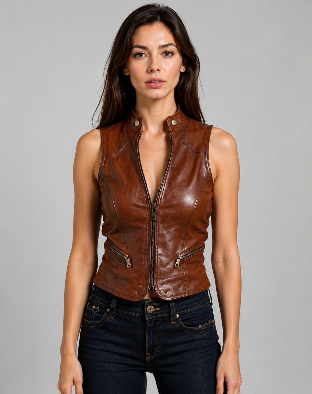 Women Brown Genuine Leather Biker Vest With Custom Fit Motorcycle Style