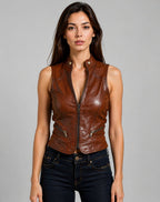 Women Brown Genuine Leather Biker Vest With Custom Fit Motorcycle Style