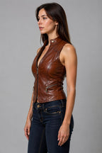 Women Brown Genuine Leather Biker Vest With Custom Fit Motorcycle Style