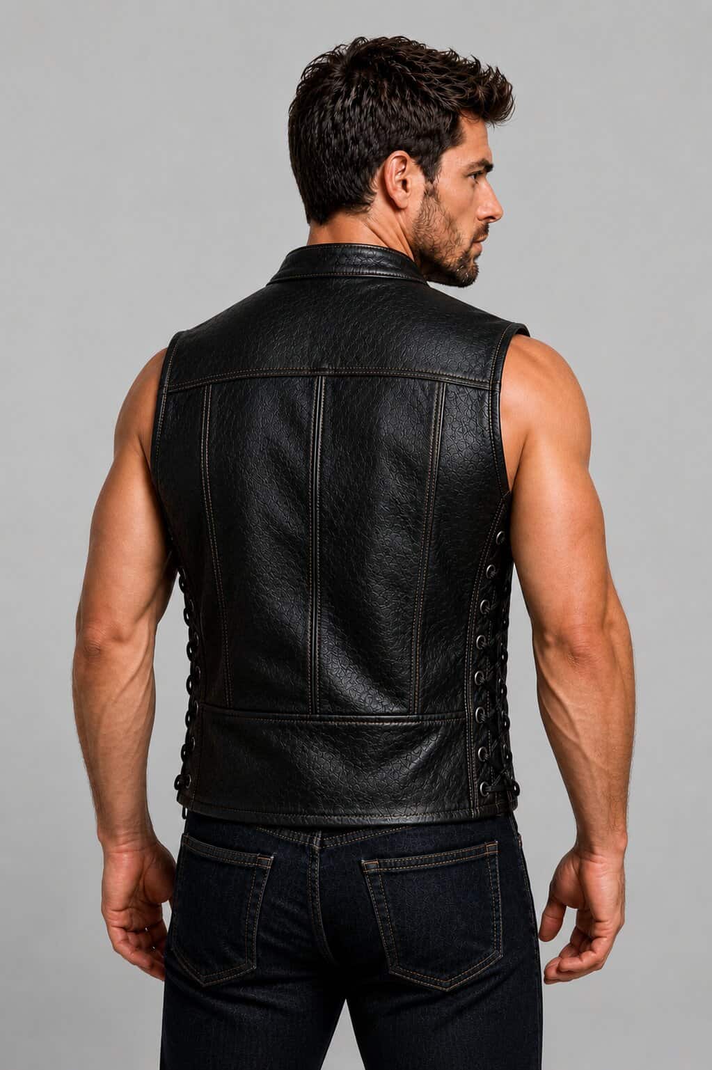 Men Black Genuine Leather Biker Vest With American Flag Side Lace Style