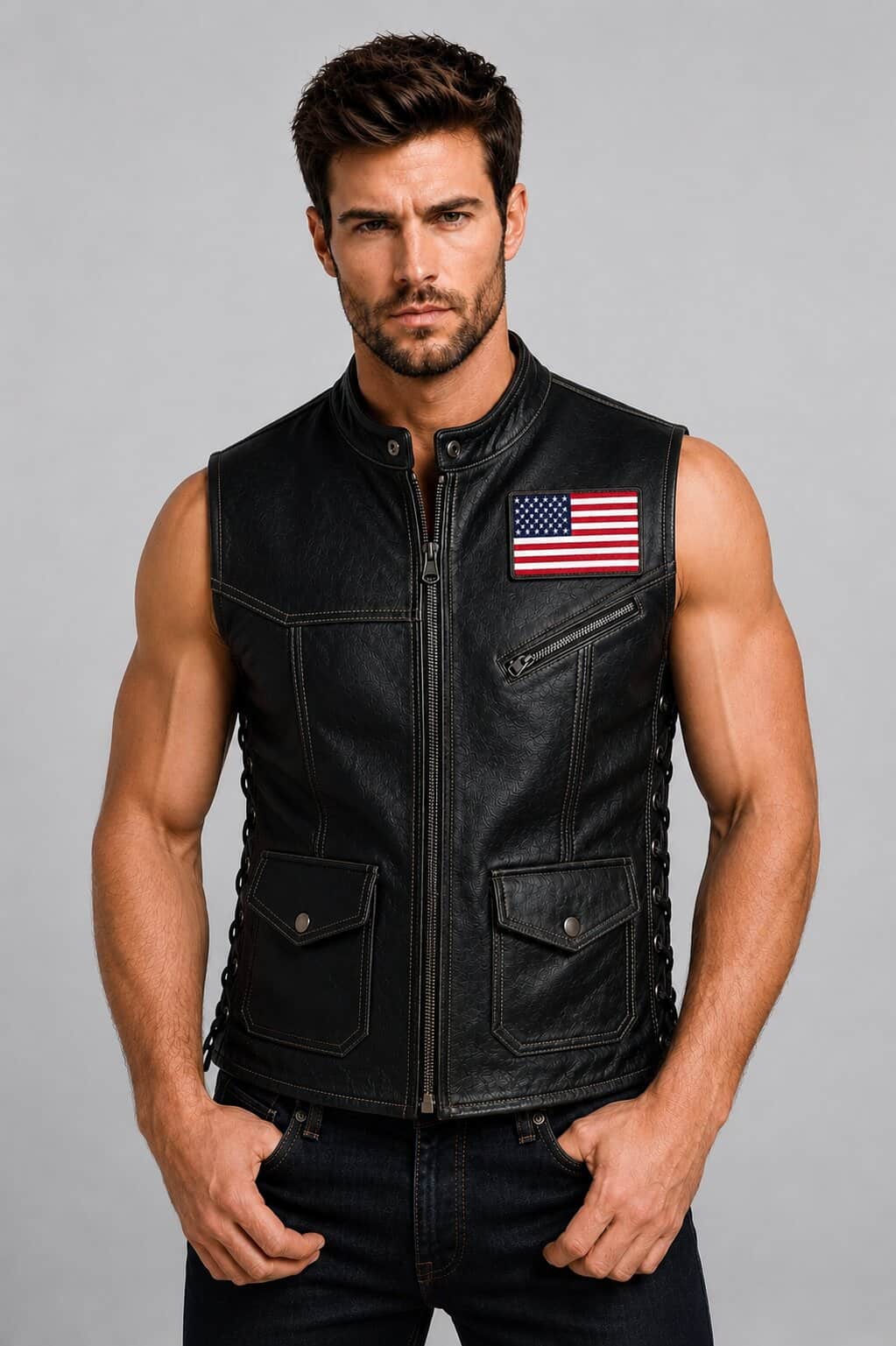 Men Black Genuine Leather Biker Vest With American Flag Side Lace Style