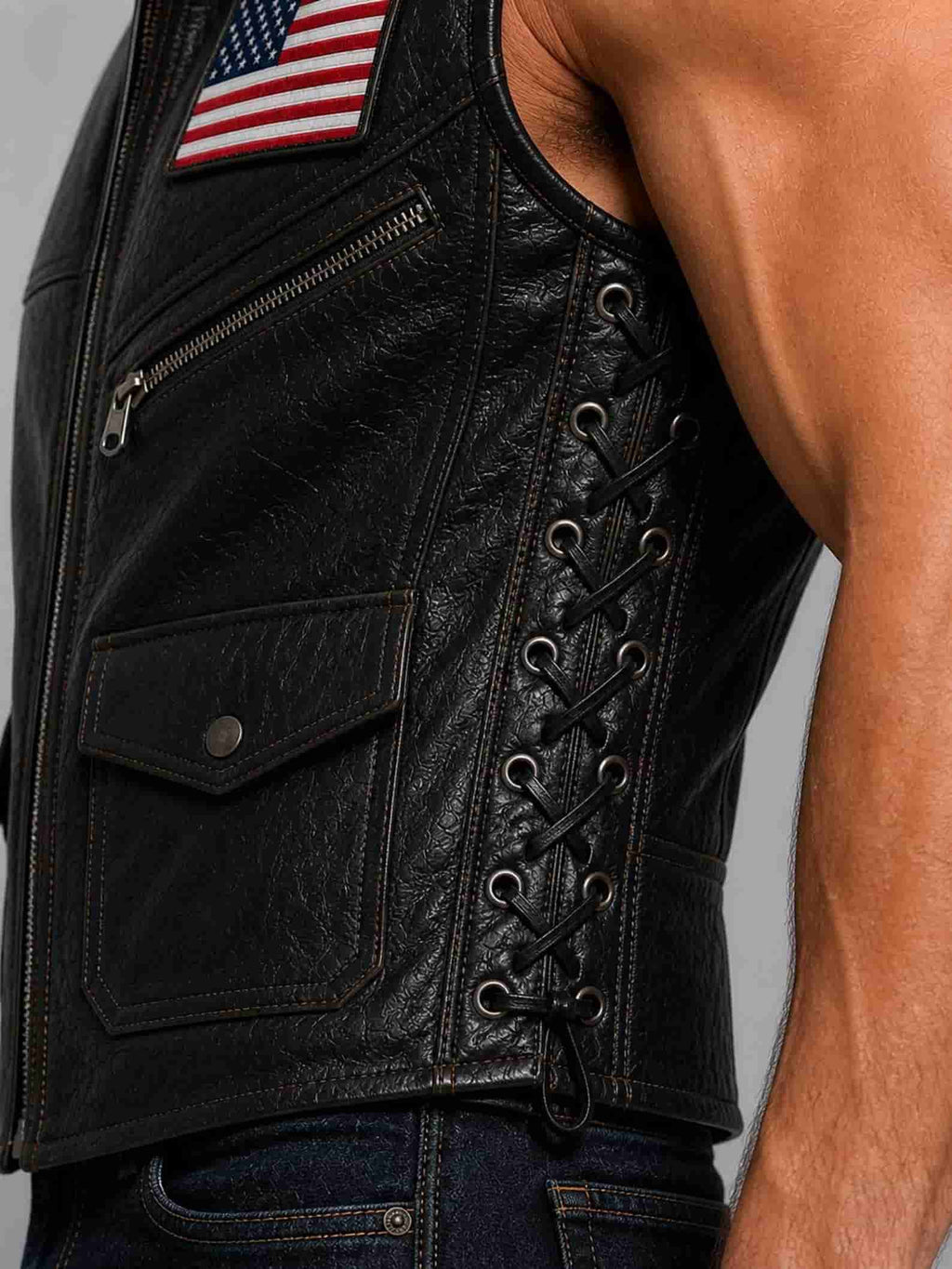 Men Black Genuine Leather Biker Vest With American Flag Side Lace Style