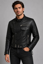 Men Black Genuine Leather Moto Jacket With Classic Biker Style