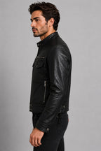Men Black Genuine Leather Moto Jacket With Classic Biker Style