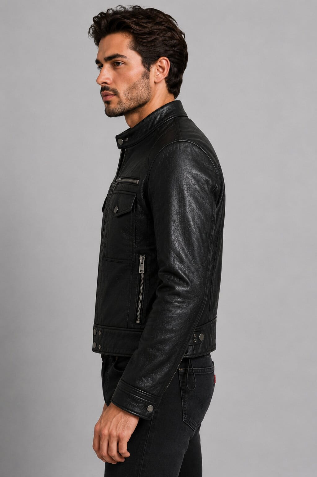 Men Black Genuine Leather Moto Jacket With Classic Biker Style