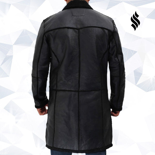 Rockville Mens Black Winter Shearling Leather Trench Coat