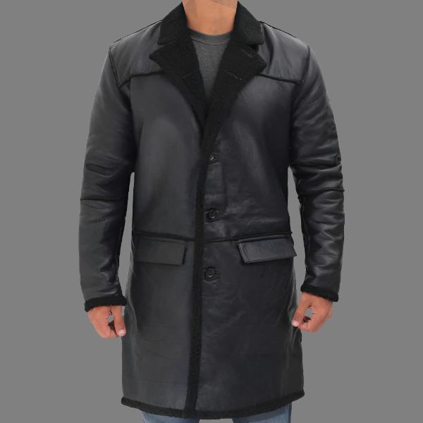 Rockville Men's Black Winter Shearling Leather Trench Coat
