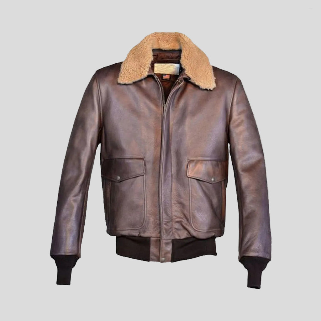 Classic leather bomber jacket with plush collar