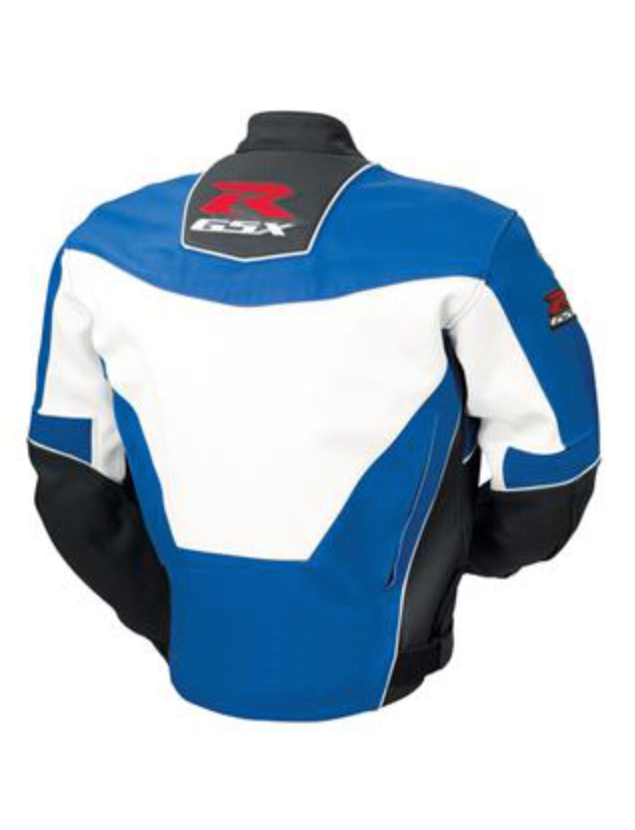 SUZUKI BLUE AND WHITE GSXR MOTORCYCLE LEATHER RACE JACKET
