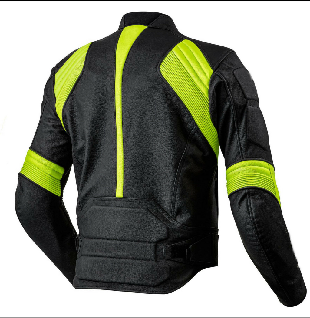 MEN MOTORCYCLE NEON AND BLACK LEATHER RACING JACKET