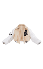 Women's Beige Varsity Bomber Leather Jacket with White Sleeves - Elegant and Trendy