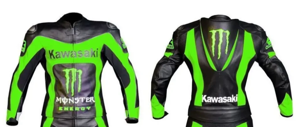 KAWASAKI NINJA MOTORCYCLE BIKER LEATHER BLACK RACING CUSTOM SPRING GREEN JACKET