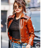 Selena Gomez Waxed Classic Brown Leather Jacket
