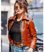 Selena Gomez Waxed Classic Brown Leather Jacket