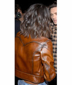 Selena Gomez Waxed Classic Brown Leather Jacket