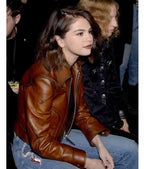 Selena Gomez Waxed Classic Brown Leather Jacket