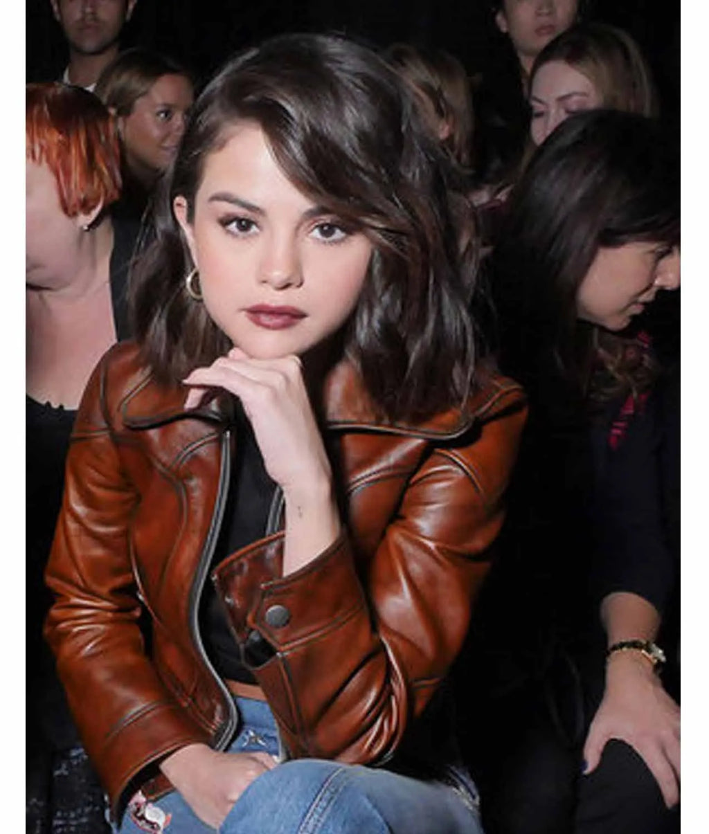 Selena Gomez Waxed Classic Brown Leather Jacket