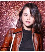 Selena Gomez Waxed Classic Brown Leather Jacket