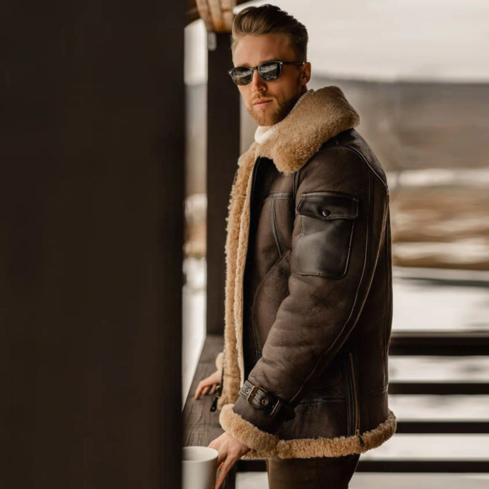 Brown Flying B3 Sheepskin Aviator Shearling Leather Long Jacket Coat For Men