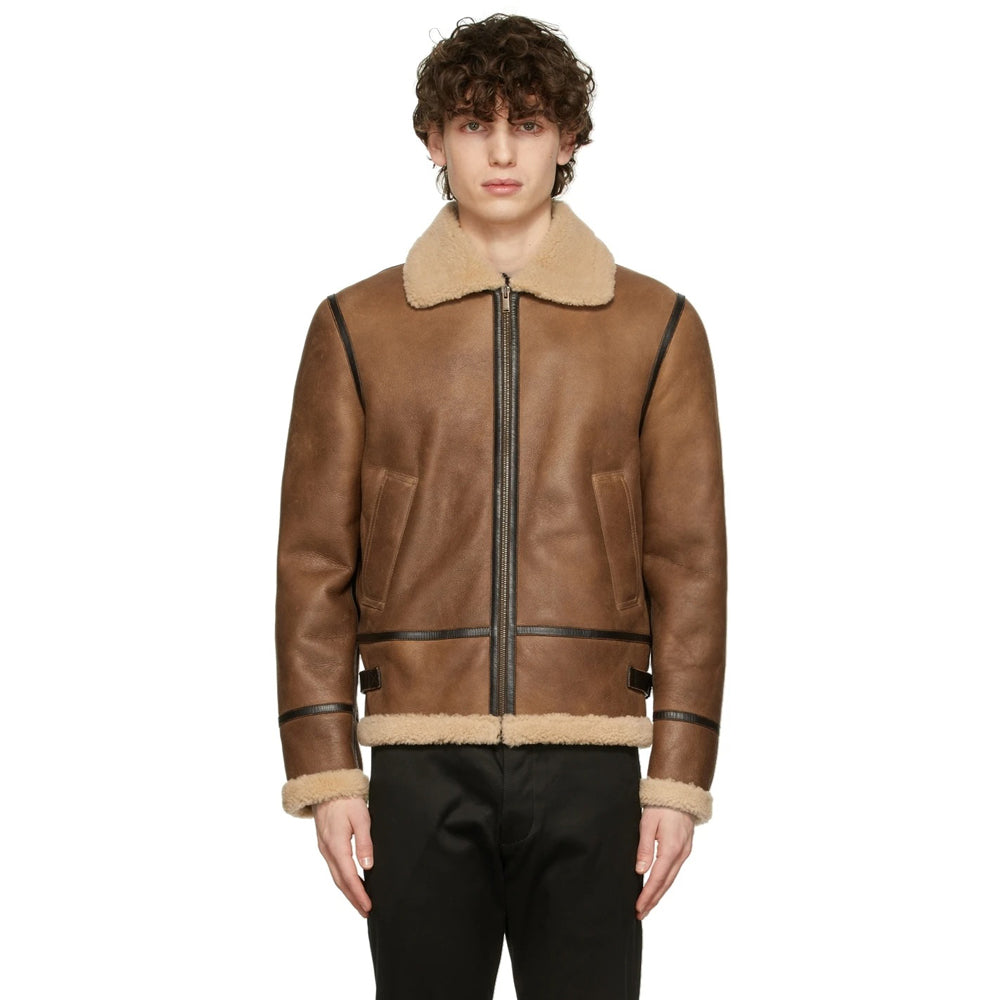 Mens Tan Shearling Aviator Jacket