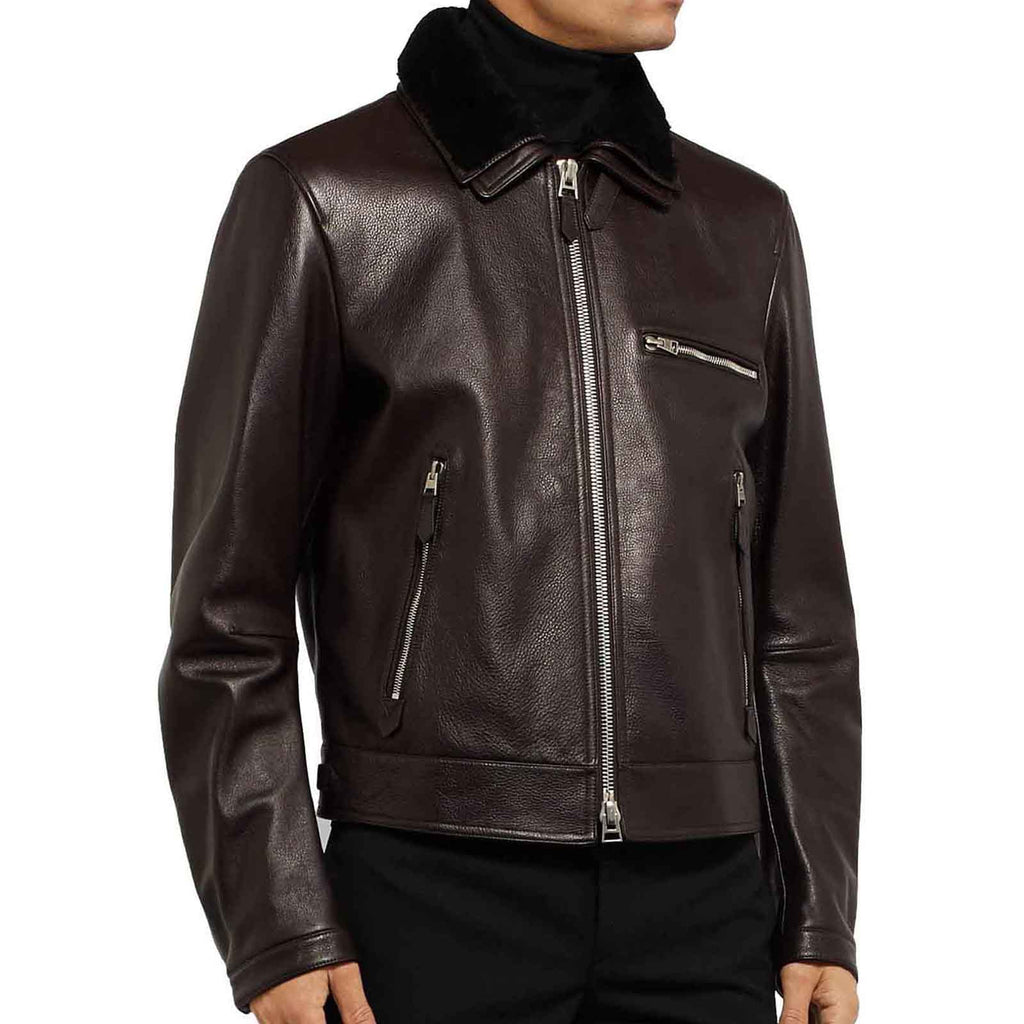 Mens Luxurious Leather Jacket with Shearling Collar