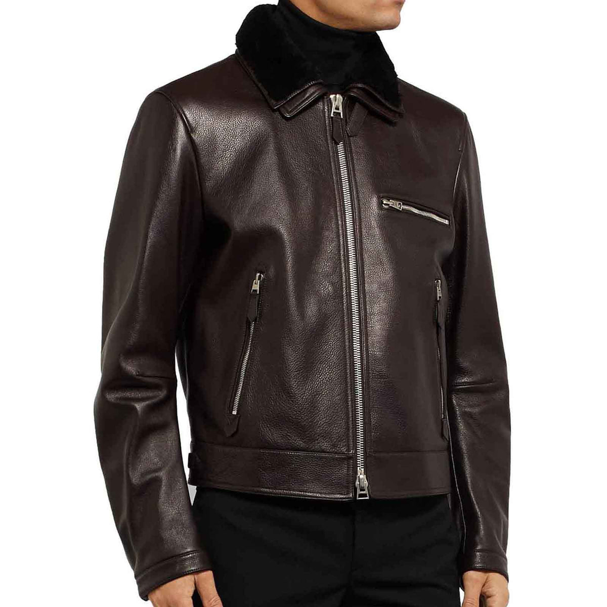 Mens Luxurious Leather Jacket with Shearling Collar