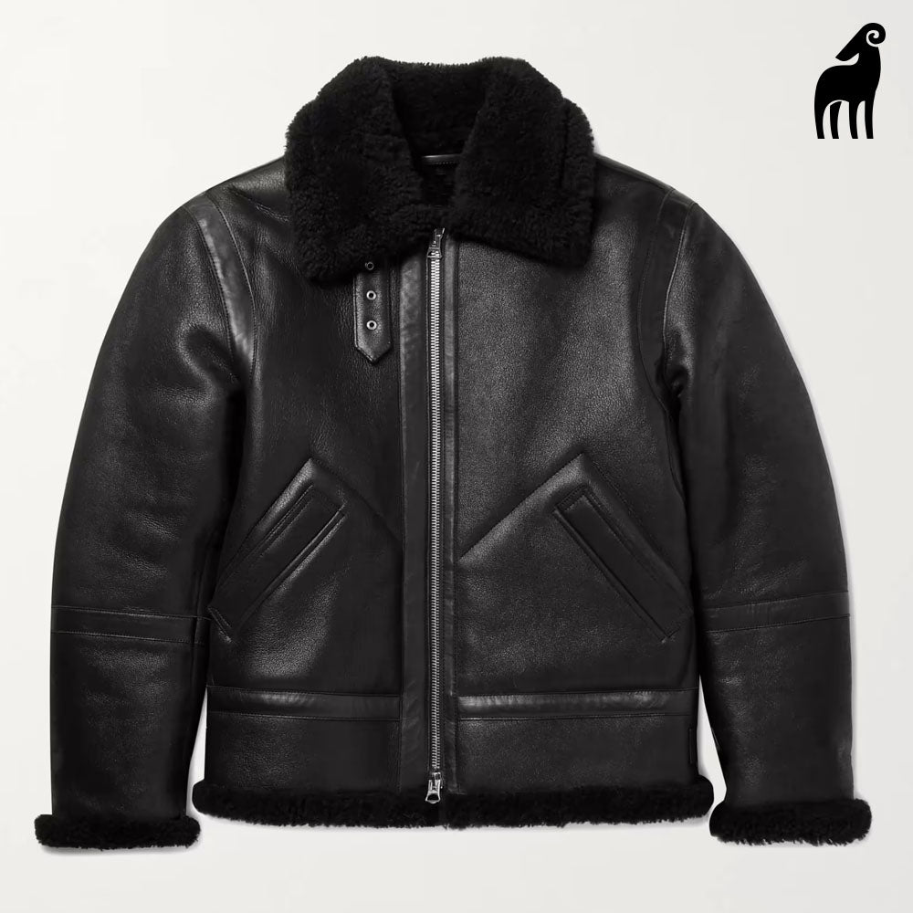 New Men Black B3 Sheepskin Flying Shearling Leather Jacket