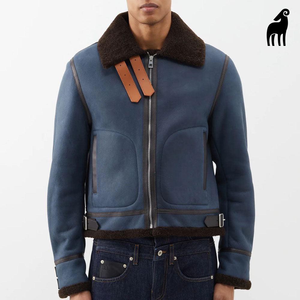 Men Blue B3 Pilot Aviator Sheepskin Flight Shearling Lined Leather Jacket