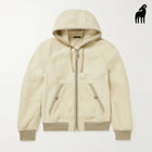 New men cream shearling leather-Trimmed bomber jacket with hooded