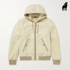 New men cream shearling leather-Trimmed bomber jacket with hooded