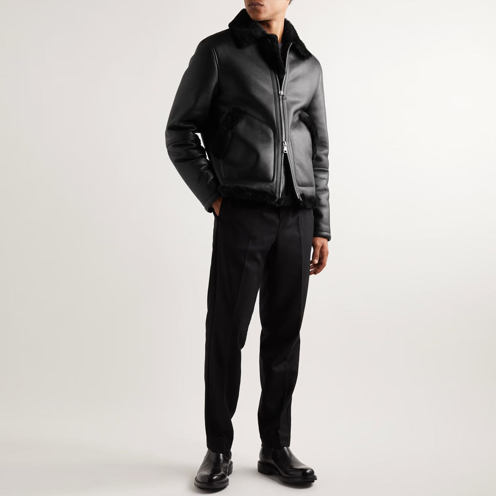 Men's Black B3 Aviator Sheepskin Trucker lined Nappa Shearling Leather Jacket