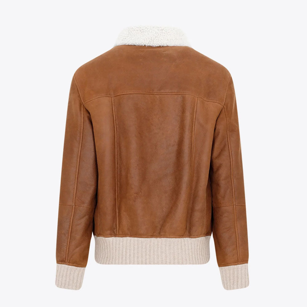 Men's Brown Shearling Trucker Bomber Aviator Leather Jacket