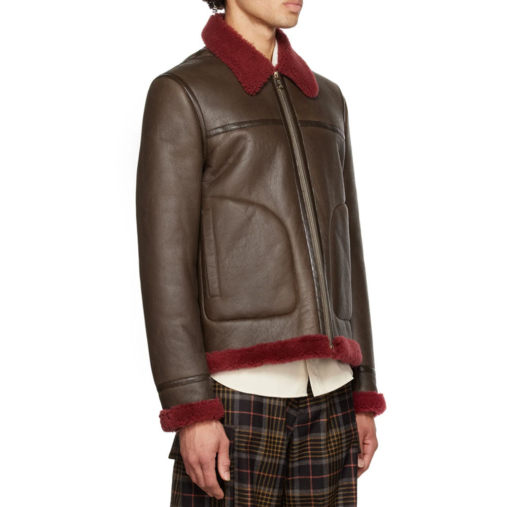 Men Brown Aviator Sheepskin Shearling Leather Jacket