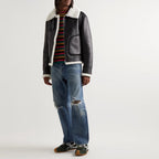 New Men Black Sheepskin Pilot Shearling Leather Jacket With White Fur