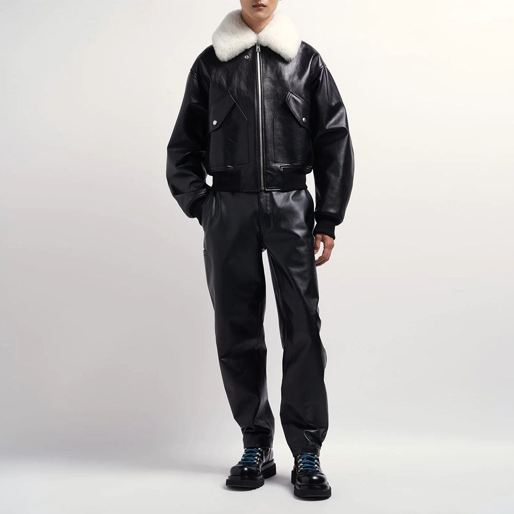 New Men Black Shearling Collar Bomber Sheepskin Leather Jacket